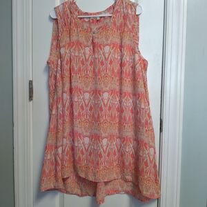 Sleeveless Coral Ikat Print Women's Tunic Top 3X Oversized Summer Lightweight